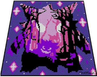 GENGAR Pokémon - Silhouette inspirierte Decke - Häkelmuster, Grafik für C2C, Häkeldecke Ecke zu Ecke,  mit geschr. & Farb-Block Anleitung