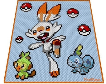 HOPPLO and FRIENDS - Pokémon inspired blanket, crochet graph for blanket, C2C, written & color blocked instructions for corner to corner,