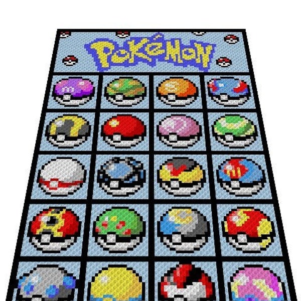 POKEBÄLLE - Pokémon -  Häkelmuster, Grafik für C2C, Häkeldecke od Kissen Ecke zu Ecke,  mit geschriebener Anleitung