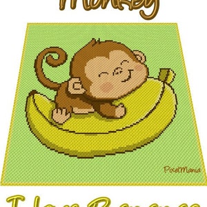 Könnte beinhalten: Ein Cartoon-Affe mit einem glücklichen Gesichtsausdruck liegt auf einer gelben Banane. Das Bild ist pixelig und hat den Text "Monkey" oben und "I love Bananas" unten.