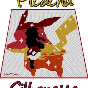 May include: A pixel art design of Pikachu, a yellow electric mouse Pokémon, with a red and yellow silhouette. The design is titled "Pikachu Silhouette" and is by PixelMania.