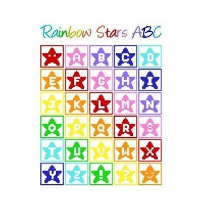 Rainbow Srars ABC crochet graph for blanket, C2C, with written instructions for corner to corner,