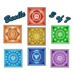 May include: A set of seven colorful square images depicting the seven chakras, each with a different color and symbol. The chakras are a set of energy centers in the body, according to Hindu tradition. The images are labeled "Bundle 3 of 7".