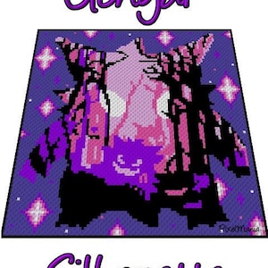 GENGAR Pokémon - Silhouette-geïnspireerde deken - Haakpatroon, afbeelding voor C2C, haakdeken van hoek tot hoek, met getypte en kleurblok-instructies