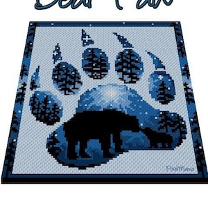 May include: Blue and black pixel art design of a bear paw print with a silhouette of a bear and a smaller bear cub inside the paw print. The text "Bear-Paw" is at the top of the image.