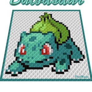 May include: A pixel art design of a green and blue Bulbasaur Pokemon character with red eyes. The design is on a white background with a blue border.