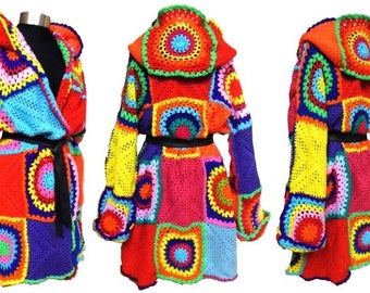 CROCHET PATTERN  * PlusSiZed JACKET & HooD* e-Book, instant download, pdf-datei, oversized multicolor retro granny square jacket,