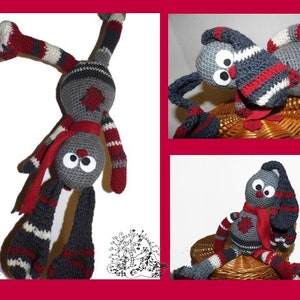 May include: A gray and red crocheted bunny rabbit toy with a red scarf. The bunny is shown in three different poses.