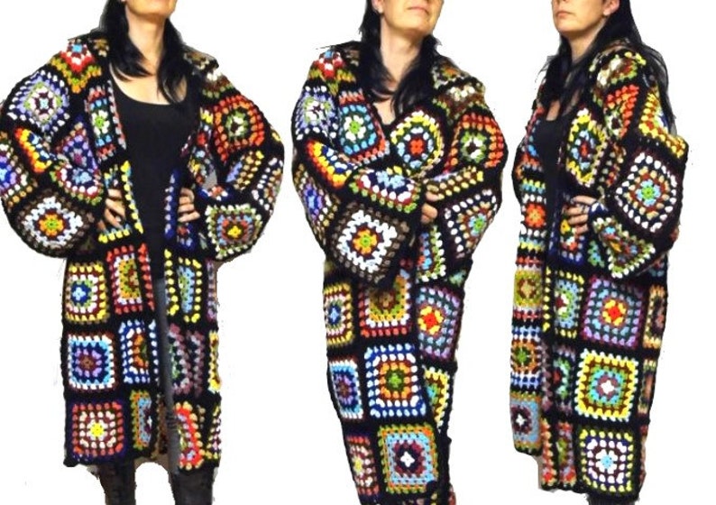 CROCHET PATTERN * OversiZed COAT & HooD* e-Book, instant download, pdf-datei, plussized multicolor retro granny square coat image 3
