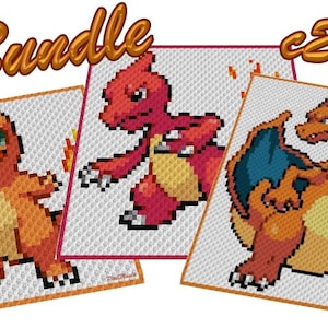 Op de afbeelding: Een bundel met drie haakpatronen met de Pokémon-personages Charmander, Charmeleon en Charizard. De patronen zijn in pixel-stijl en perfect om je eigen Pokémon te haken.