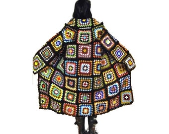 CROCHET PATTERN  * OversiZed COAT & HooD* e-Book, instant download, pdf-datei, plussized multicolor retro granny square coat