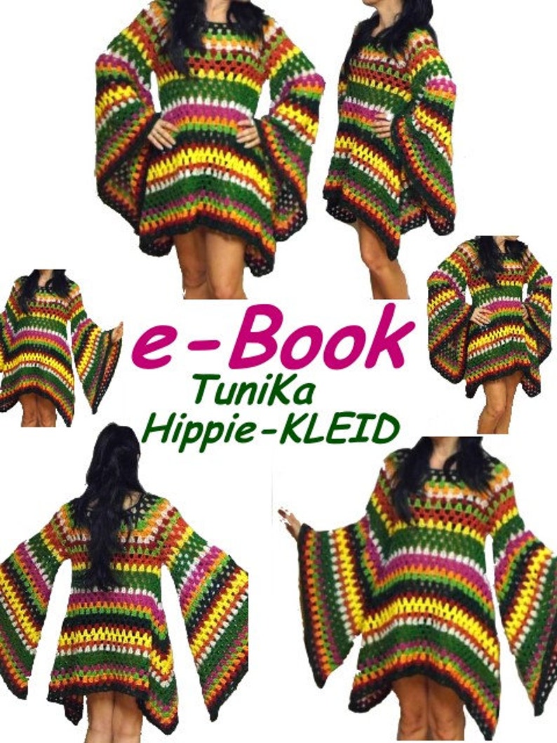 CROCHET PATTERN hiPPie DReSS TuniC e-Book , US-english & german, pdf-datei, crochet Hippiedress, granny square imagem 3