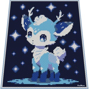 May include: A pixel art illustration of a deer-like creature in shades of blue and white, set against a dark blue background with white stars. The creature has large eyes and antlers, and is standing on a light blue surface.