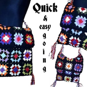 May include: Two crocheted bags with a black background and colorful squares. The bags have fringe on the bottom and are made with a granny square pattern. The text "Quick & easy going" is visible in the image.