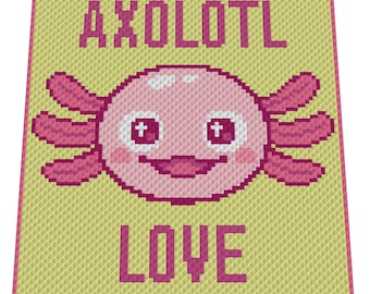 AXOLOTL LOVE crochet graph for blanket, C2C, written & color blocked instructions for corner to corner,