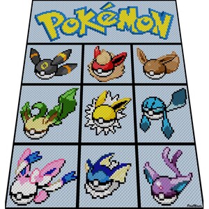 May include: A pixelated Pokémon blanket featuring nine different Pokémon characters. The word "Pokémon" is displayed in yellow and blue at the top. Each Pokémon is in a separate square, with a light blue background.