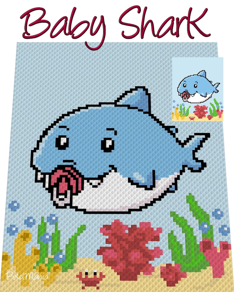 written /& color blocked instructions for corner to corner, C2C BABY SHARK crochet graph for blanket