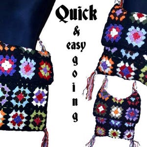 Peut inclure: Trois sacs en crochet avec des motifs carrés colorés. Les sacs sont noirs avec des carrés multicolores. Les sacs ont des franges en bas. Le texte "Quick & easy going" est en arrière-plan.