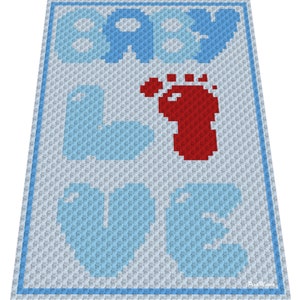 BABY LOVE BOY crochet graph for blanket, C2C, written & color blocked instructions for corner to corner,
