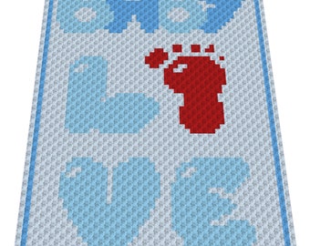 BABY LOVE BOY crochet graph for blanket, C2C, written & color blocked instructions for corner to corner,