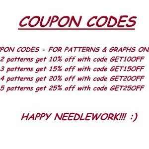 Może przedstawiać: Grafika z kodem kuponu z tekstem "COUPON CODES - FOR PATTERNS & GRAPHS ONLY!!! :)" i listą kod&oacute;w rabatowych za zakup 2, 3, 4 lub 5 wzor&oacute;w. Tekst "HAPPY NEEDLEWORK!!! :)" znajduje się na dole grafiki.