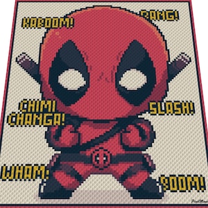 Op de afbeelding: Een pixelafbeelding van Deadpool in een rood en zwart kostuum, met de woorden "KABOOM!", "BANG!", "CHIMI CHANGA!", "SLASH!", "WHAM!" en "BOOM!" in gele tekst. Het personage staat in een vechthouding, met twee katana's.