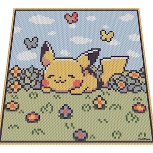 May include: A pixel art crochet pattern featuring a yellow Pikachu laying down in a field of green grass with yellow, red, and purple flowers.  The background is a blue sky with white clouds and yellow butterflies.