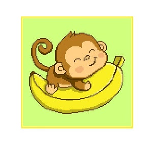 Puede incluir: Un mono de dibujos animados con una expresión feliz está acostado sobre una banana amarilla. El mono tiene pelaje marrón y una cola rizada. La banana está sobre un fondo verde.