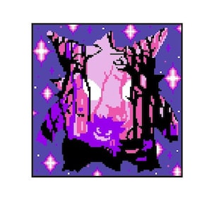 Puede incluir: Ilustración de arte de píxeles de una criatura rosa y morada con cuernos sobre un fondo azul oscuro con estrellas blancas.