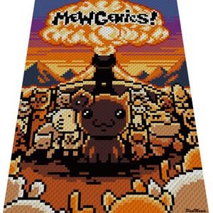 Può includere: Un tappeto pixelato con un orso dei cartoni animati con una nuvola a forma di fungo e la scritta "MewGenics!". Il tappeto ha una combinazione di colori marrone, arancione e blu, con una varietà di personaggi pixelati sullo sfondo.