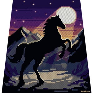 May include: A pixelated image of a black horse rearing up against a night sky backdrop. The scene includes a full moon, mountains, and stars, with the text "PixelMania" in the bottom right corner. The color palette features shades of purple, blue, and beige.