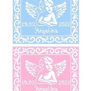 May include: Two versions of a baby blanket with a white angel design, one in light blue and one in pink. Both blankets feature a white border with a decorative scroll design and the text "19.03.2022 Angelina".
