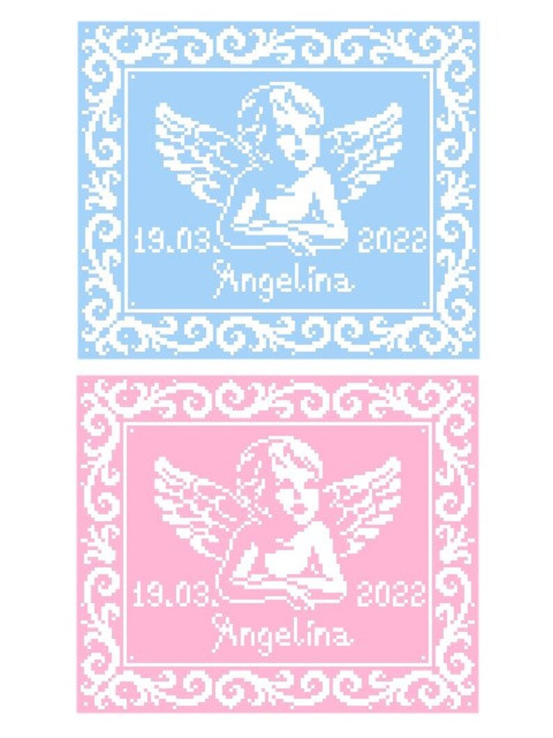 May include: Two versions of a baby blanket with a white angel design, one in light blue and one in pink. Both blankets feature a white border with a decorative scroll design and the text "19.03.2022 Angelina".