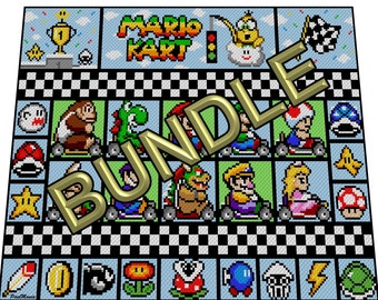 BUNDLE - MARiO KART XXL blanket - Super Mario inspired graph for throw, C2C, written & color-block instructions for gamerblanket