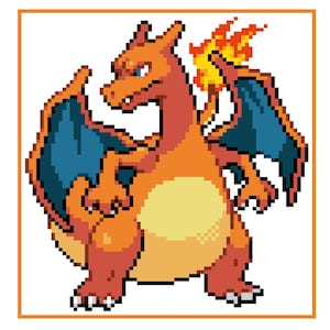 May include: A pixelated orange and yellow Pokemon character with blue wings and a flame tail. The character has a fierce expression and is standing with its wings spread out.