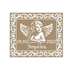 May include: A brown and white framed image with a white angel with wings and the text "19.03.2022 Angelina" inside the frame.