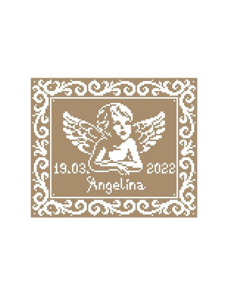 May include: A brown and white framed image with a white angel with wings and the text "19.03.2022 Angelina" inside the frame.