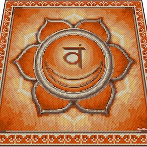 Puede incluir: Mandala naranja con un diseño de flor y el símbolo sánscrito "Svadhisthana" en el centro. El mandala está rodeado por un borde marrón.