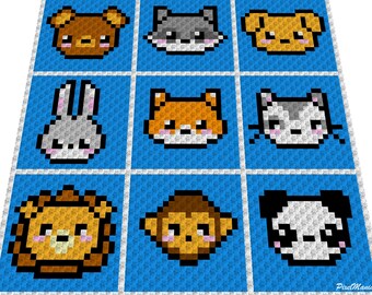 ANIMALES DULCES - Patrón de crochet, gráfico para C2C, manta o almohada de crochet de esquina a esquina, con instrucciones escritas y en bloques de colores