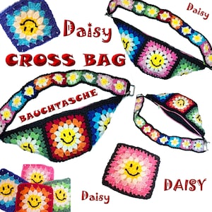 May include: A colorful crocheted daisy cross body bag with a black lining. The bag has a long strap with daisy flowers and the words "Bauchtasche" in white. The bag is shown with several smaller crocheted daisy squares.
