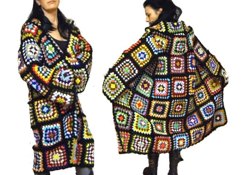 CROCHET PATTERN * OversiZed COAT & HooD* e-Book, instant download, pdf-datei, plussized multicolor retro granny square coat image 2