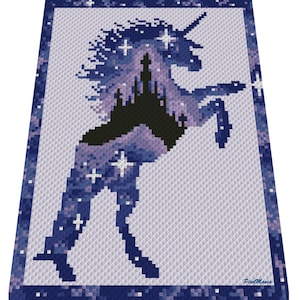 May include: A crochet pattern featuring a unicorn silhouette with a castle inside. The unicorn is standing on its hind legs with its head tilted back. The background is a blue and purple galaxy with white stars.