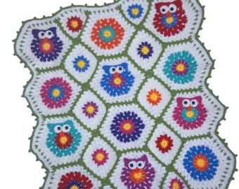 Multicolor crochet BABYBLANKET - floWer~poWer oWls - colorful GrannY SquarE afghan, blanket flowers & owls