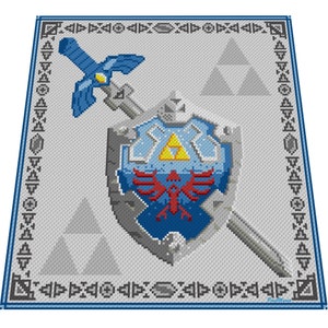 BOUCLIER - ÉPÉE - Modèle de crochet inspiré de The Legend of Zelda, illustration pour C2C, couverture au crochet lit double coin à coin,