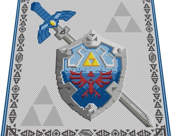 SCHILD - SCHWERT - The Legend of Zelda inspirierte Häkelmuster, Grafik für C2C, Häkeldecke Doppelbett Ecke zu Ecke,