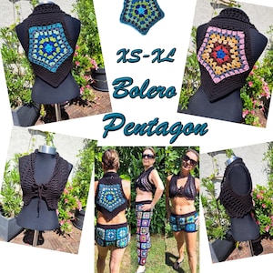 Può includere: Un bolero in crochet nero con un designo a forma di pentagono colorato sul retro. Il bolero è mostrato su un manichino e su una persona che lo indossa con pantaloncini e pantaloni in crochet abbinati. Il testo "XS-XL Bolero Pentagon" è visualizzato sull'immagine.