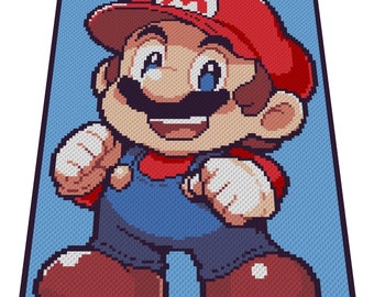 May include: A pixelated illustration of a video game character, Mario, wearing a red hat with a white 'M' on it, a red shirt, blue overalls, and brown shoes. He is smiling and has a mustache.