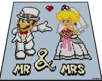 May include: A pixel art wedding scene featuring a groom in a white tuxedo and a bride in a white wedding dress. The groom is holding a bouquet of flowers and the bride is holding a bouquet of flowers. The text "MR & MRS" is written below the couple.