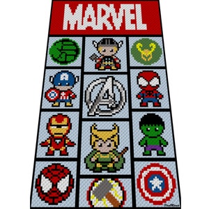 Op de afbeelding: Een kleurrijk pixel art-ontwerp met Marvel-personages zoals Captain America, Iron Man, Thor, Hulk, Spider-Man en Loki. Het ontwerp bevat ook het Marvel-logo en het Avengers-symbool.
