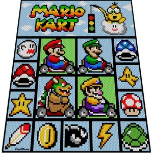 MARIO KART - Couverture inspirée de Super Mario, modèle de crochet, graphique pour C2C, couverture au crochet coin à coin, avec instructions dactylographiées et en blocs de couleurs